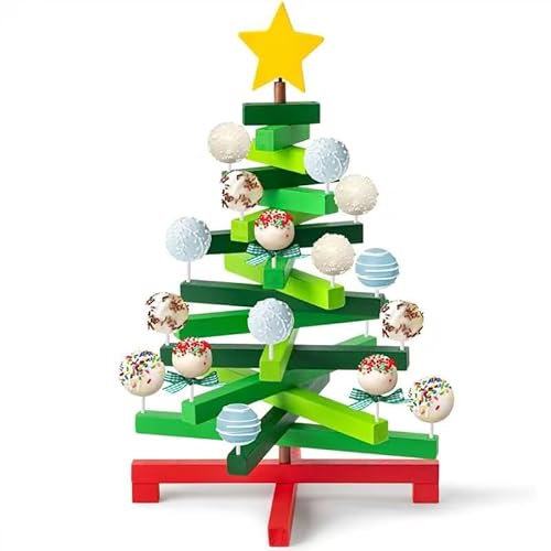 B1ykin Christmas Tree Cake Pop Stand - Xmas Tree Wooden Lollipop Holder for Dessert Table, 34 Holes Candy Display Cotton Candy Stand Suit 0.16''/4mm Lollipop Sticks for Christmas Birthday Parties