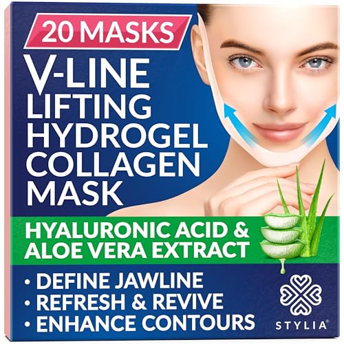 Stylia V Line Lifting Collagen Face Mask - Double Chin Strap for Women - Jawline Shaper Face Lift Tape - Neck Lift Collagen Mask - Chin Strap for Sleeping - Hyaluronic Acid, Aloe Vera, Cica 20PC
