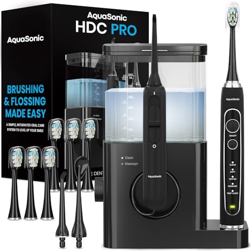 AquaSonic Home Dental Center PRO – Brushing & Flossing Made Easy – Brush & Floss – Power Toothbrush & Water Flosser – Whiter Teeth & Healthier Gums – Black Series Pro+Oral Irrigator