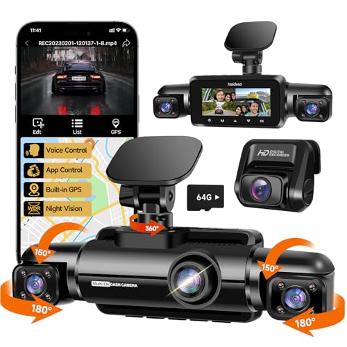 Neideso 360° Dash Cam Front and Rear Inside, 4 Channel FHD 4 * 1080P, Wi-Fi GPS Voice Control Car Camera, Front 2K+1080P*2 Dash Camera for Cars, with 64GB SD Card, Night Vision, 24H Parking Mode(N300)