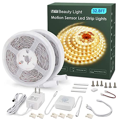 MY BEAUTY LIGHT Motion Activated LED Strip Lights, 32.8ft LED Light Strip with Day or Night 2 Lighting Modes,3 Timing Off Modes,Warm White 12v Plug-in LED Rope Lights for Under Cabinet,Kitchen,Stair