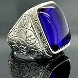 Men Blue Sapphire Stone Ring, Natural Sapphire Ring Engraved Silver Ring, Handmade Turkısh Ring, Ottoman Style Ring, 925k Sterling Silver Ring, Gift For Him