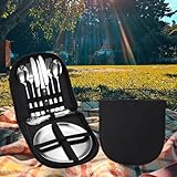 Aaspad Picnic Cutlery Kit with Portable Case Camping Essentials Silverware Set Travel Utensils Outdoor Tableware Stainless Steel Flatware with Forks,Spoons,Serrated Knife,Food Clip,Plates (Sliver)