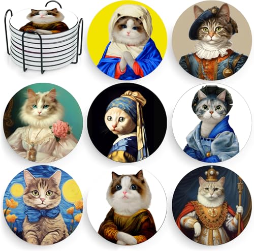 Puraikcmi Cat Lover Coasters Set of 8 with Holder, Ceramic, Multicolor, Funny Cat Designs, Drink Coasters for Table, Office, Desk, Bar, Gift