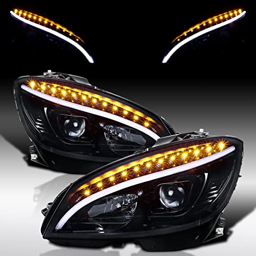 Autozensation Compatible with 2008-2011 Mercedes Benz W204 C-Class, Left + Right Pair Headlamps Assembly, Glossy Black Projector Headlights w/LED Signal Lamps