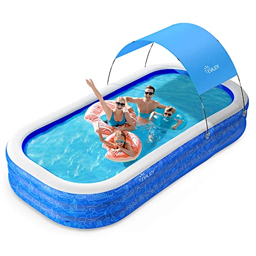 Large Inflatable Swimming Pool with Canopy, 150” x 70” x 20” Full-Sized Inflatable Pool for Kids & Adults, Kiddie Pool with Sun Shade, Blow Up Pool for Backyard, Garden, Age 3+, Blue