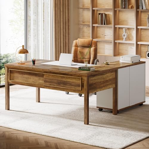 Tribesigns L-Shaped Executive Desk with Reversible File Cabinet, 63" Wooden Computer Desk with Drawers and Storage, Home Office Writing Table Business Furniture Table, Rustic Brown and White