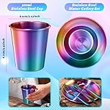 Layhit 30 Pcs Rainbow Stainless Steel Dinnerware Set Include Set of 10 Plates Bowls Cups Iridescent Cooking Tableware Reusable Metal Dishes Cutlery Bulk for Camping Picnic Kitchen Dessert Salad Dinner