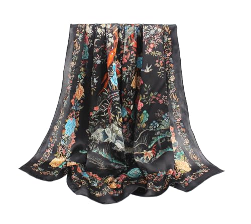 ANDANTINO 100% Silk Scarf 43" Large Square Lightweight Headscarf& Shawl–Women Hair Wraps-With Gift Packed (Floral-Black)