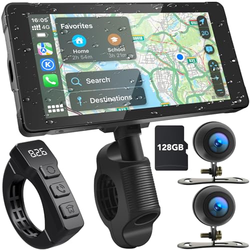 LBW Premium Motorcycle Dash Cam DVR: Wireless Motorcycle Carplay & Android Auto, Dual HD 1080P Cameras, 5.5" IP66 Waterproof Touch Screen, Remote Control, BT, Siri & Google Voice, Free 128G SD Card