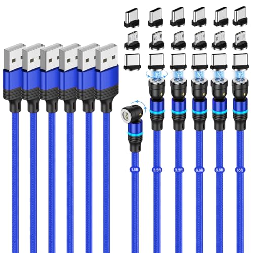 Magnetic Charging Cable (6-Pack,1.6+3.3+3.3+6.6+6.6+10ft) 540° Rotation 3A Fast Charging Data Sync 3 in 1 Magnetic Phone Charger Cable with LED Light Compatible with Micro USB Type C Phone Device