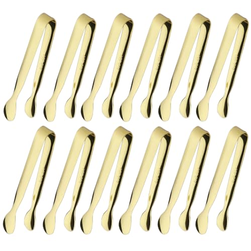 12PCS Ice Tongs Mini Sugar Tong 4.25Inch Stainless Steel Small Serving Tongs, Small Kitchen Tongs for Appetizers,Tea Party, Coffee Bar, Desserts (Gold 12pcs)