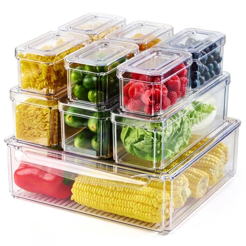 Luckore 10 Pack Clear Fridge Organizer, Stackable Refrigerator Organizer Bins with Lids, Fridge Storage Containers for Kitchen, Food, Cabinets, Fruits, Vegetables, Cereals