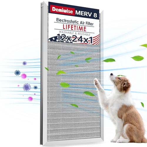 Demiwise 12x24x1 Electrostatic Air Filter, MERV 8 Reusable Aluminum AC/HVAC Furnace Filter,Washable Lifetime Permanent Air Filter,Easy to Clean,Increases Airflow(Actual Size:11.38x23.38x0.82)