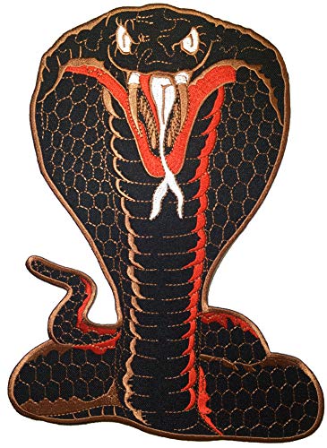 [Large Size] Papapatch Fanged Cobra Snake Serpent Attack Striking Biker Motorcycle Jacket Vest Costume Embroidered Sew on Iron on Patch - Black (Iron-Cobra-BK-Large)