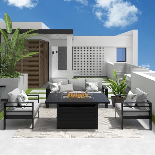 Solaste Aluminum Patio Furniture Set with Fire Pit Table, 4 Piece Metal Outdoor Furniture with Water-Resistant Cushions, Modern Patio Conversation Set for Backyard,Black Frame and Grey Cushion