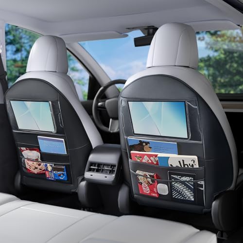 2PCS 2025 Upgraded Leather Seat Back Kick Protector Compatible for Tesla Model 3/Y/S/X, Car Kick Mats with Transparent Touch Screen Tablet Holder and Storage Pockets, Black (Set of 2)