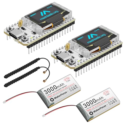 MakerFocus 2pcs ESP32 LoRa V3 Development Board with 2pcs 3000mAh Battery, 915MHz Antenna Integrated WiFi Bluetooth SX1262 CP2102 0.96-inch OLED Display for Meshtastic IoT Arduino Intelligent Scene