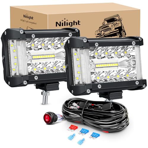 Nilight Side Shooter LED Light Bar 2PCS 4.3 Inch Triple Row Spot Flood Combo Lights with Wiring Harness Kit for Off Road Fog Driving Work Lighting on Truck SUV ATV UTV