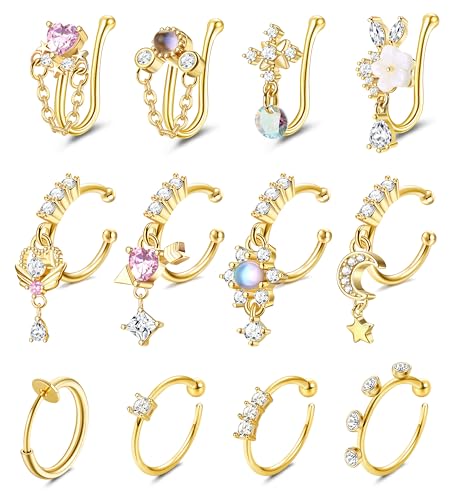 Florideco 12Pcs Nose Cuff Fake Nose Ring Hoop Clip on Nose Rings CZ Dangle Cartilage Tragus Ring Nose Cuff Non Piercing for Women Men Gold