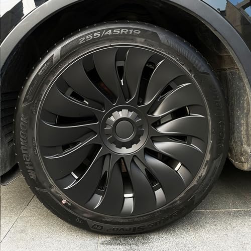 KAVANIC Fits Tesla Model Y Wheel Cover Hubcap 19 Inch Matte Black Support Logo Symmetry Design (4 PCS) Uberturbine Style for 2020-2024 Model Y Gemini Wheel Cover Replacement