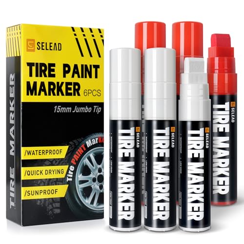 SELEAD Jumbo Tire Marker White Red - 6 Pack 15mm Wide Tip Paint Pens for Car Tires Lettering, Large Capacity Premium Ink Waterproof Permanent Markers