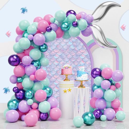 Mermaid Balloon Arch Kit, 122pcs Pink Purple Teal Mermaid Balloons with Silver Tail Foil Balloon 16ft Tape Strip & Dot Glue for Birthday Mermaid Party Decorations