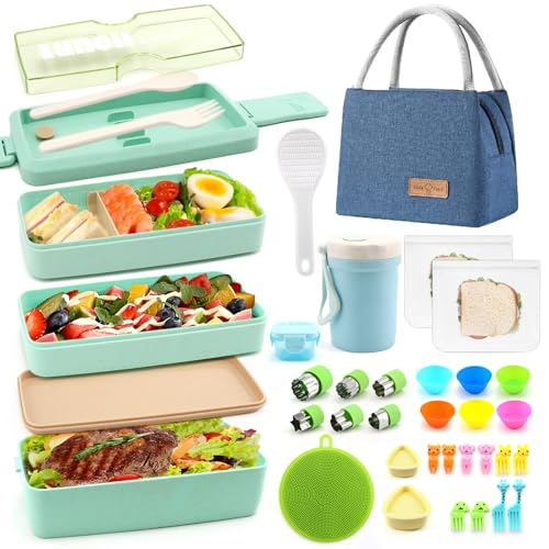 Meltset M 35Pcs Japanese Bento Box for Adults&Kids Lunch Box Kit Leakproof Wheat Straw Eco-Friendly 3 Compartment Stackable Lunch Box with Containers for Teen Prepy Boy (Green)