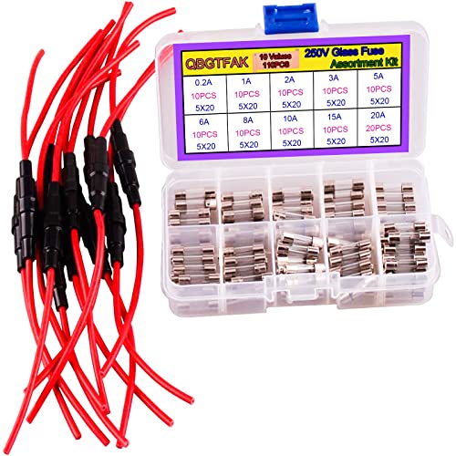 Ted Lele 12pcs AGC Fuse Holder Inline Screw Type With 16 AWG Wire + 110pcs Quick Blow Glass Tube Assorted Kit 250V 0.2A-20A, 5x20mm