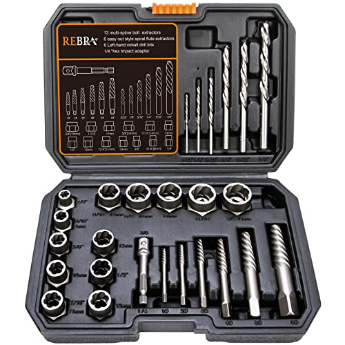 REBRA Screw Extractor and Left-Hand Drill Bit Set, Easy Out Broken Bolt Remover Reverse Cobalt HSS Steel Drill Kit, Ez Out Stripped, Rounded-Off, Damaged Bolts, Screws&Studs Removal Tool (26-Pieces)