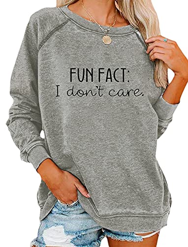 EADINVE "FUN FACT: I don't care Letter Print Women's Crewneck Sweatshirt Raglan Long Sleeve Casual Pullover Tops Grey Medium