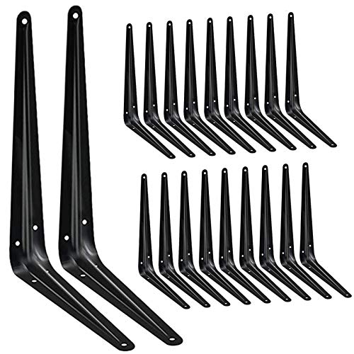 20 Pack Shelf Brackets 12 inches, Heavy Duty Black Iron Metal Floating Shelf Bracket, Rustic Farmhouse Decorative L Brackets for Shelves, Wall Mount Corner Brace for Wood Boards