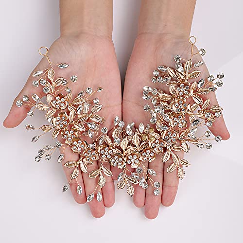 YERTTER Hair Band, Gold - Wedding Bridal Big Flower Vine Leaf Headband Rhinestone Headpiece for Bride Bridesmaid Flower Girl Wedding Prom Brithday Party