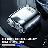 yoose Mini Shaver On-The-Go, Portable Alloy Electric Shaver for Men, Cordless Travel Shaver, Dry Shave, USB-C Rechargeable Electric Razor, IPX7 Waterproof, Easy Cleaning, Battery Indicator, Silver