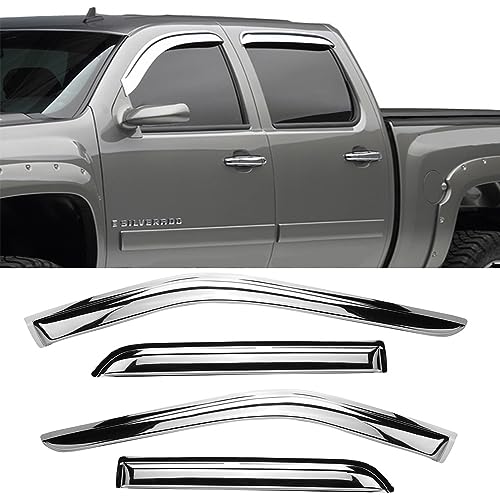 Puermto 94040Y Chrome Side Window Visor Wind Vent Deflector fit for 2007-2013 Chevy Silverado/GMC Sierra 1500& 07-14 Silverado 2500 HD/3500 HD Extended Cab,4pcs Outside Mount Style Sun Rain Guards Set