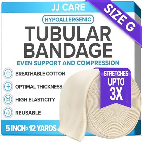 JJ CARE Tubular Bandage, 5” x 12 Yards Stockinette Tubing for Legs and Knees, Tubi Grip Size G Reusable Elastic Bandage Sleeve, Compression Tubes for Upper Thigh and Waist, Rubber Latex w/Cotton