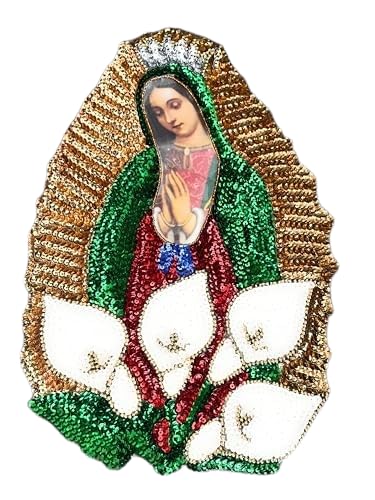 Virgen de Guadalupe Sequin Applique Patch Adorned with Crown and Alcatraz Flowers - Ideal for Jackets, Bags, and Fabrics. Perfect for Framing! 13" x 9.1"