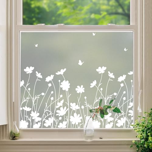 DKTIE Window Privacy Film Flowers Pure White Pattern Stained Glass Window Film Decorative Frosted Glass Window Film Sun Blocking Heat Control Static Cling (A274, 17.5" x 78.7")