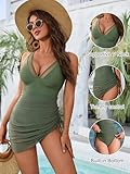 Blooming Jelly Women One Piece Swimsuits Tummy Control Swim Dress Slimming Modest V Neck Swim Suits (L, Army Green)