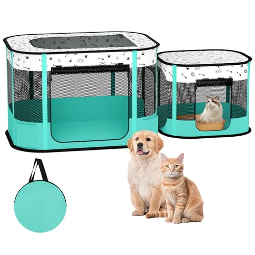 DESELL Portable Cat Playpen, 8-Rod Reinforced Kitten Dog Playpens, Foldable Play Pen for Indoor Cats Enclosed Pet Puppy Doggy Outdoor, Collapsible Tent Kennel Cage House(32"x24"x22")