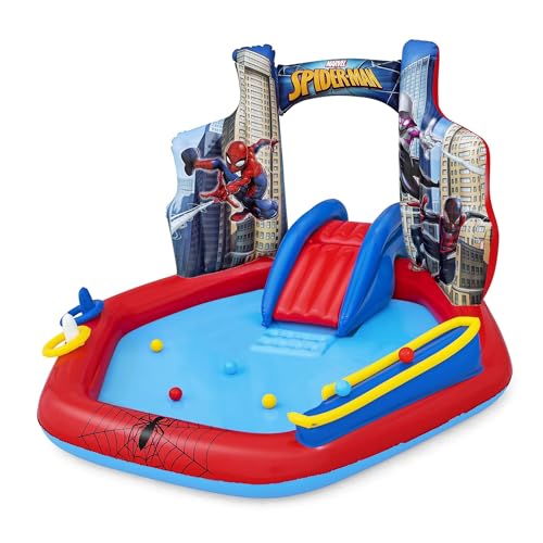 Bestway: Spider-Man Inflatable Water Play Center - 6'11"x6'9"x50", Splash Pool-Slide-Arch Sprayer, 6 Balls, Marvel Superhero Ring Toss, Toddler-Kid 2+