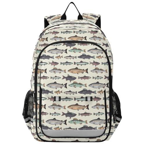 KOPIRIT Vintage Fishes Kids Backpack Primary High School Bookbag with Chest Strap for Kids Teens Girls Boys 17.7 Inch