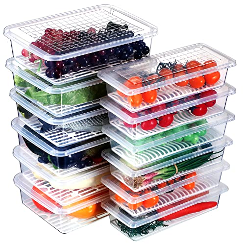 Meanplan 12 Packs Food Storage Containers for Fridge Plastic Refrigerator Organizers with Removable Drain Plate and Lid Stackable Produce Containers to Keep Fruits, Vegetables, Meat