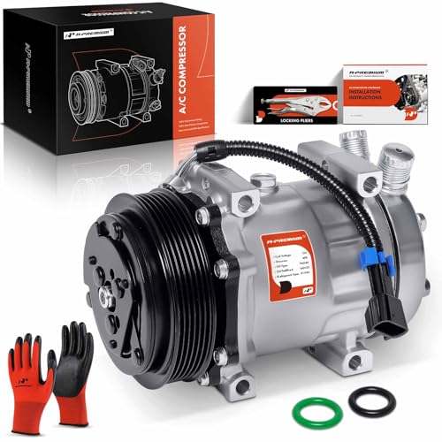 A-Premium Air Conditioner AC Compressor with Clutch Compatible with Caterpillar, Freightliner, Kenworth, Mack, Peterbilt, Volvo Truck, For SD7H15 Compressor, w/2-Pin Connector, 6 Grooves