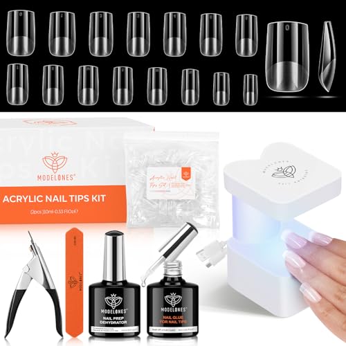 modelones Gel X Nail Kit, Upgrade 15Sizes Short Square Gel x Nail Tips, Nail Glue Nail Prep Dehydrate & Portable Led Lamp, 510Pcs Pre-shaped Press On Nail Extension Gift for Women