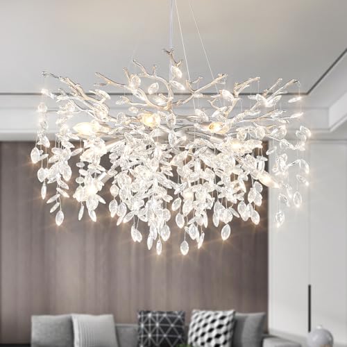 EGM 32-Inch Silver Tree Branch Chandelier for Living Room, Modern Crystal Chandelier for Bedroom, 10-Light Silver Crystal Chandeliers for Dining Room, Raindrop Leaf Chandeliers for Home Décor, E12