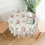 Sweetshow Pink Vintage Rose Flower Tablecloth Spring Summer Floral Round Tablecloth 60 Inch Spring Table Cloth for Holiday Parties Dining Table Living Room Kitchen Decor