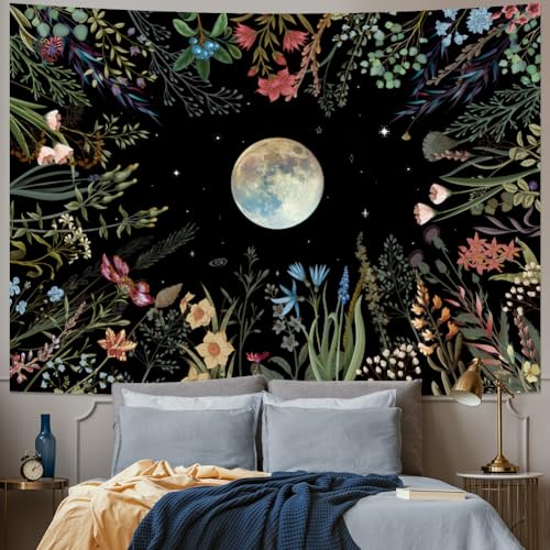 Amhokhui Moonlit Garden Tapestry Moon Tapestry Flower Tapestry Colorful Plants Tapestry Black Tapestry Floral Tapestry Wall Hanging Decor for Room