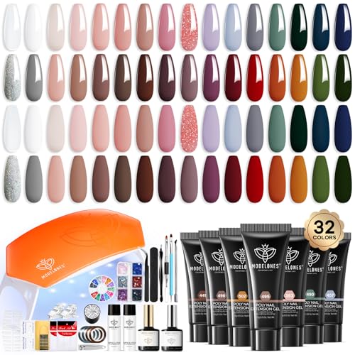 Modelones 133pcs Poly Nail Gel Kit, 32 Colors Fall Winter Complete Extension Gel Nail Kit with Nail Lamp Slip Solution Builder Nail Kits Nail Art Tools for Starter DIY Nail Supplies Kit