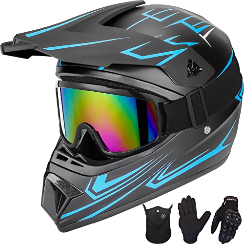 Yesmotor Youth Kids Motocross Helmet Motorcycle Dirt Bike Off-Road Mountain Bike BMX MX ATV Helmet with(Gloves Goggles Mask) 4Pcs Set - DOT Approved(Blue,L)